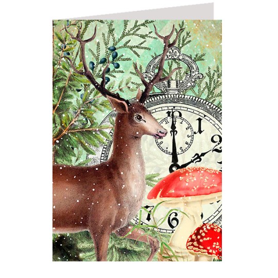 Deer and Red Mushrooms with Clock Christmas Card ~ England